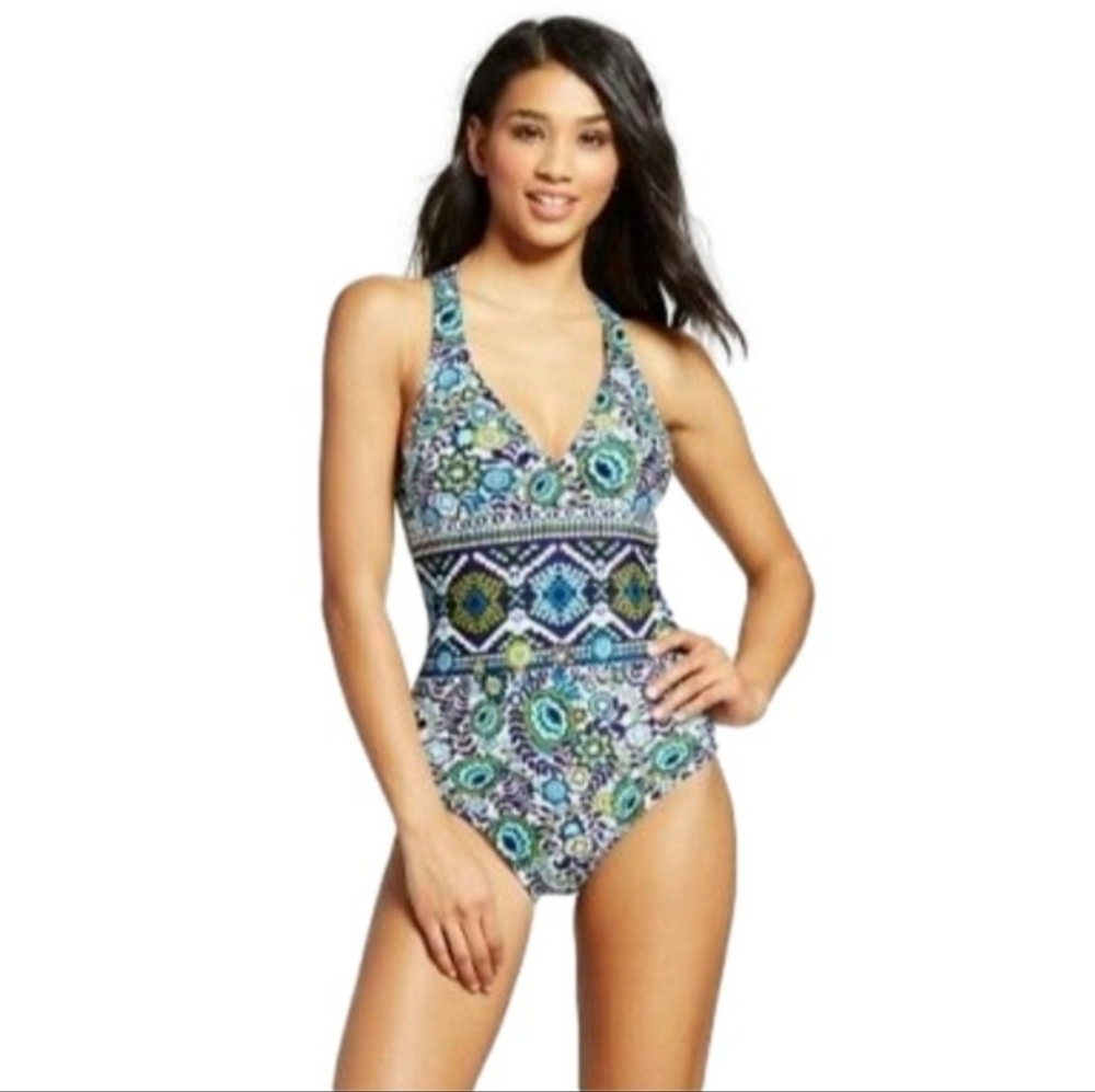 Mossimo 1-piece Swimsuit Blue & green Boho floral pattern Size L Strappy Back